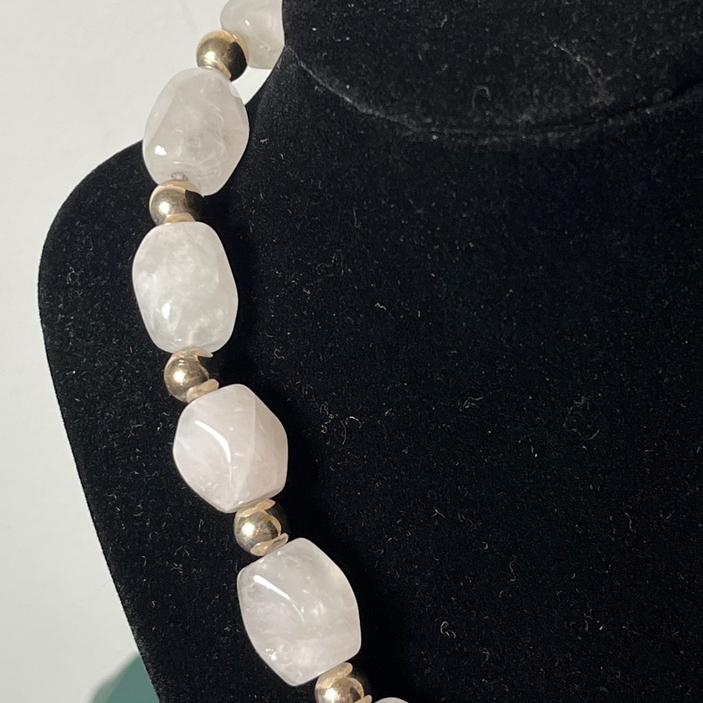 Sterling Silver Bead and White Agate Chunky Stone Necklace 17''L - Picture 2 of 6
